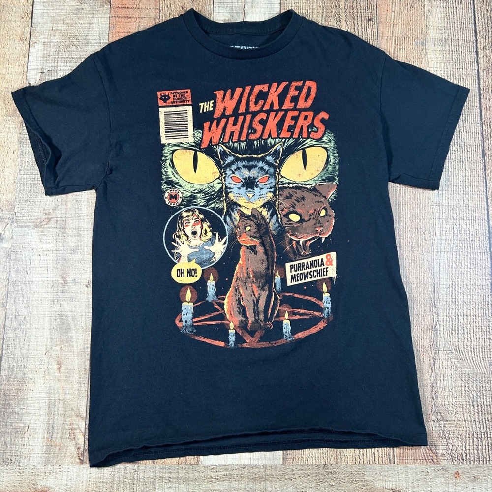 Hot Topic Wicked Whiskers Horror Cat Graphic T Shirt Mens Medium Black Eduely